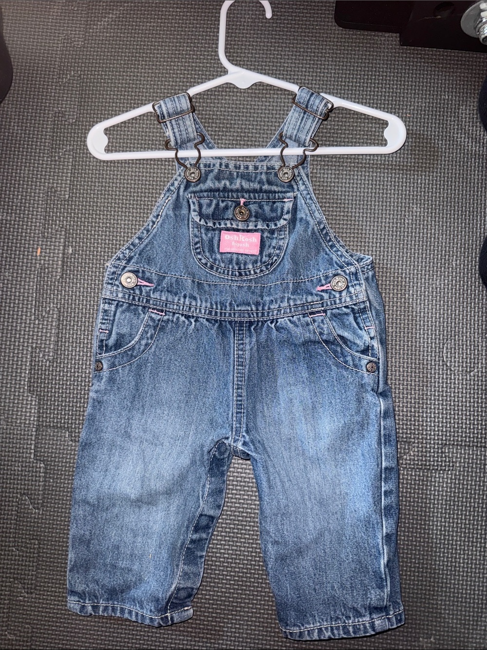 OshKosh B'gosh Denim Blue Kids Overalls with Pink Logo Tab